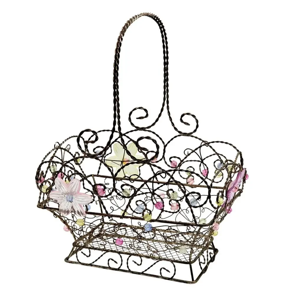 Vintage Beaded Wire Metal Basket Twisted Handle Floral Acrylic Beads Pink Yellow